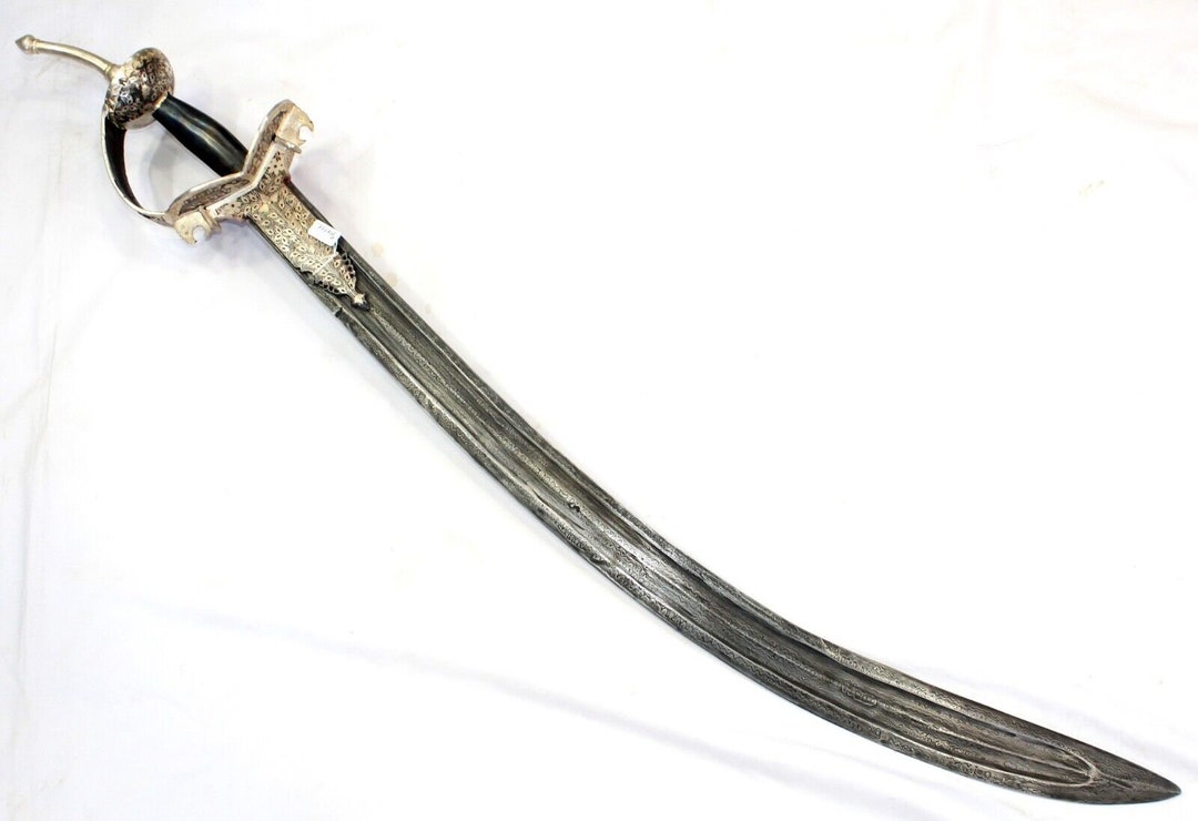 Sword Tulwar Damascus Steel Blade Indian Pure Silver Koftgari - Etsy