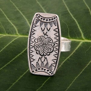 Rectangular Stamped Floral Ring 925 Sterling Silver Ring Adjustable Ring Handmade Ring Gift For Women Propose On Valentine Day Gifts,Ring