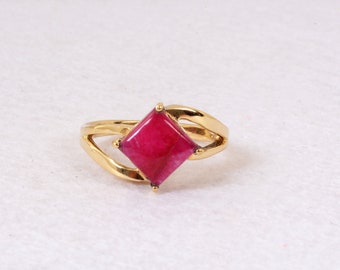 Square Ruby Red Gemstone Brass Ring | Handmade Boho Statement Ring | Unique Vintage Style Jewelry For Women
