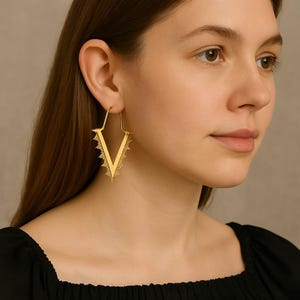 Geometric V Brass Earrings Tribal Boho Jewelry, Triangle Festival Hoops, Ethnic Statement Dangles, Minimalist Bold Gift for Her