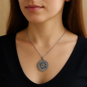 Floral Mandala Pendant Necklace, Sterling Silver Boho Jewelry, Round Vintage Statement Necklace, Handmade Gift for Women