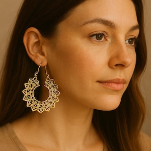 Mandala Spiral Brass Hoop Earrings Boho Tribal Jewelry, Festival Statement Hoops, Ethnic Dangle Earrings, Geometric Bohemian Style