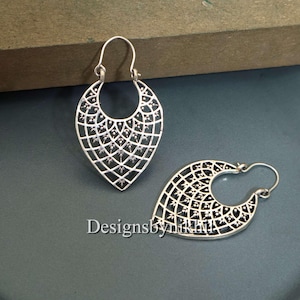 Geometric Net Brass Earrings Tribal Boho Jewelry, Lightweight Festival Hoops, Mandala Drop Earrings, Ethnic Statement Earrings Gift