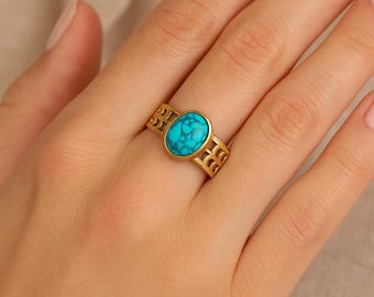 Anillo de latón con turquesa azul: joya con piedras preciosas ovaladas, hecho a mano, estilo bohemio vintage para mujer.