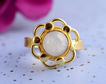 18K Gold Moonstone Ring, Minimalist Flower Ring, White Moonstone Ring, Gemini Birthstone, Moonstone Jewelry, Rose Gold, Valentine's Day Gift