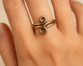 Handgemaakte messing wervelring – verstelbare dubbele band draadwikkelring, boho spiraalsieraden, uniek cadeau voor vrouwen