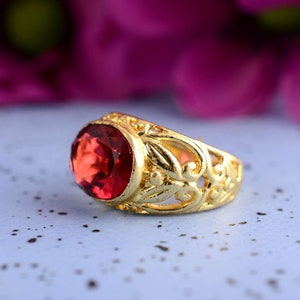 Red Garnet Gemstone Brass Ring, Vintage Filigree Statement Ring, Handmade Vintage Jewelry, Bold Cocktail Ring, Gift For Her Or Him