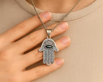 Sterling Silver Hamsa Hand Necklace – Evil Eye Protection Pendant, Boho Spiritual Jewelry, Handmade Talisman Gift for Women
