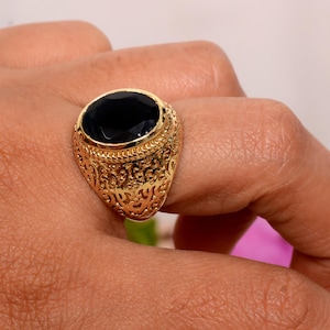 Black Obsidian Gemstone Ring, 18k Gold Ring, Unique Ring, Rings For Women, Obsidian Jewelry&#39;s Engraved Ring, Gift For Him, Statement Rings