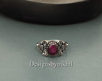 Ruby Brass Ring, Ornate Vintage Design Ring, Scroll Pattern Tribal Jewelry, Handmade Boho Gemstone Ring, Silver Tone Adjustable Ring