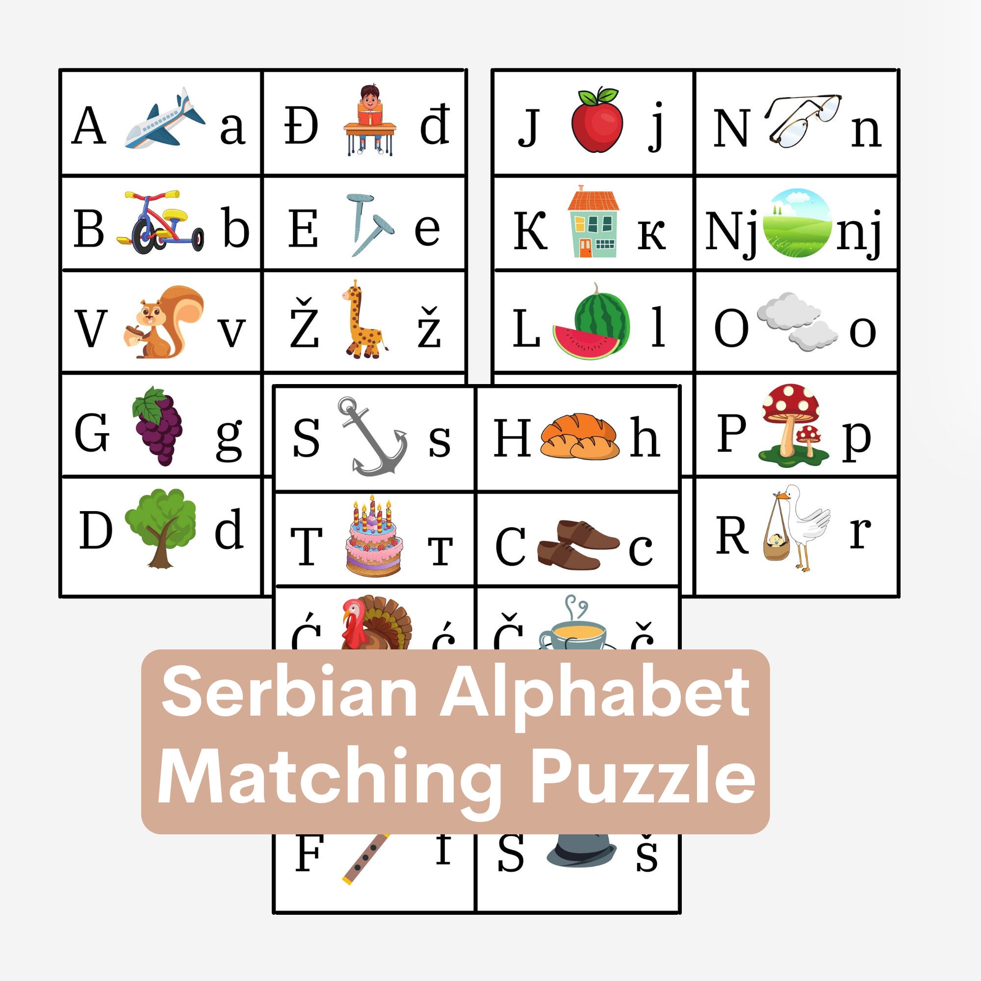 Puzzle di abbinamento dell'alfabeto serbo per bambini