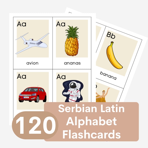 120 Flashcards in Serbian Latin Alphabet, Printable for Kids