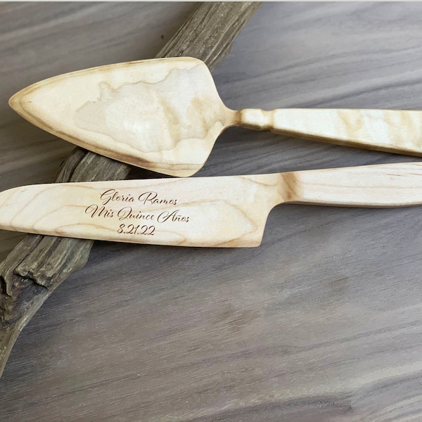 Engraved Cake Serving Set,Quinceanera,Anniversary Gift,Wooden Knife And Server,Sweet 15 Birthday Cake Set,Birthday Decor,Farmhouse,Sweet 16