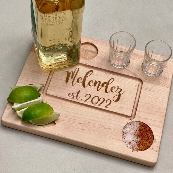 Personalized Last Name Drink Flight Board With Lime Wedge & Salt Holders For Newlywed,Bachelor/Bachelorette Gift,Wedding Gift For Reception