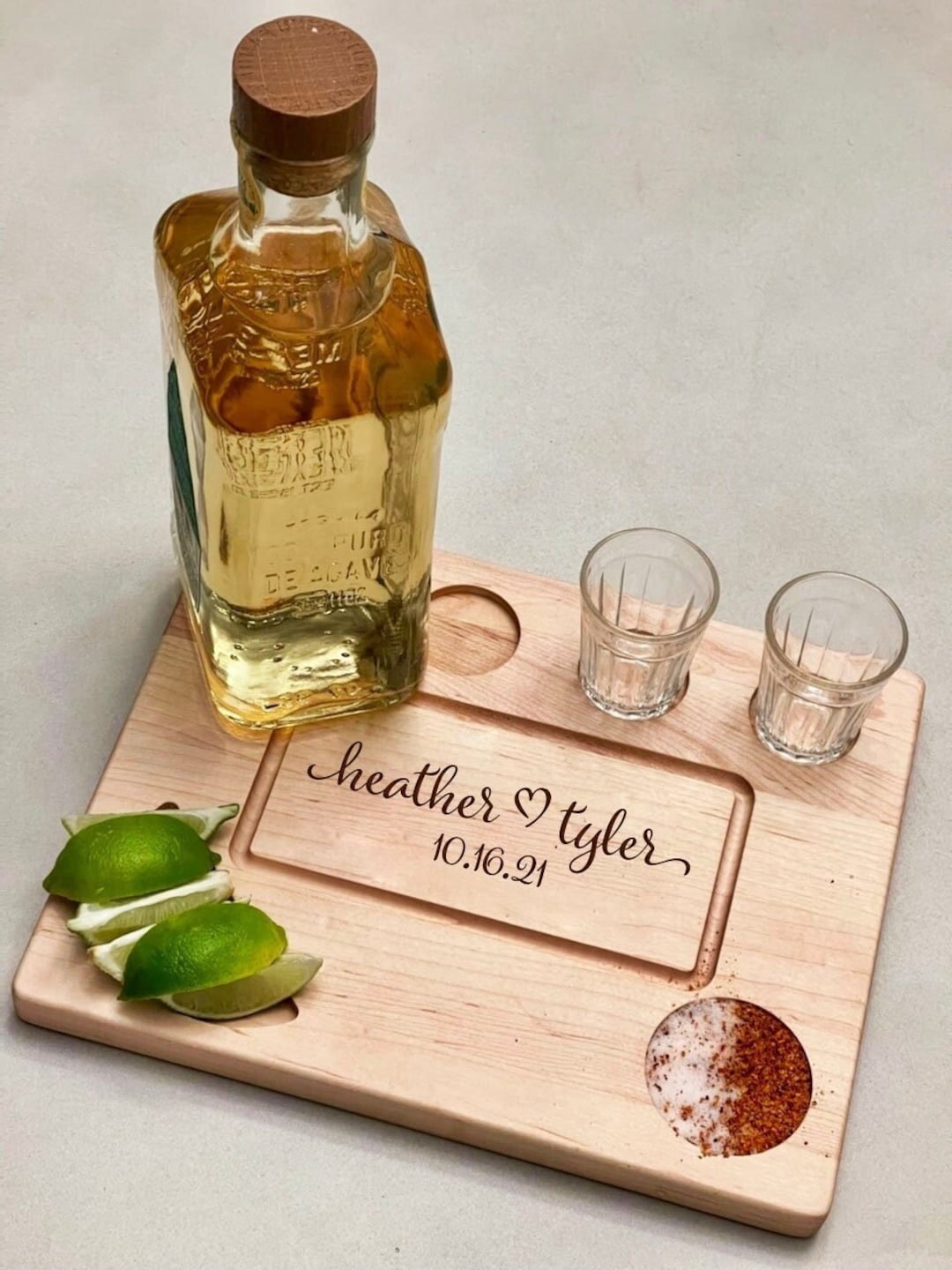 Personalized Tequila Shot Flight Board With Lime Wedge & Salt Holder