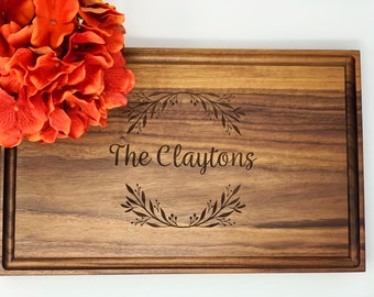 Personalized Cutting Board W/Juice Groove,Engraved Kitchen Gift,Housewarming Gift,Wedding Gift,Newlyweds, Anniversary,Last Name, Wreath,Wood