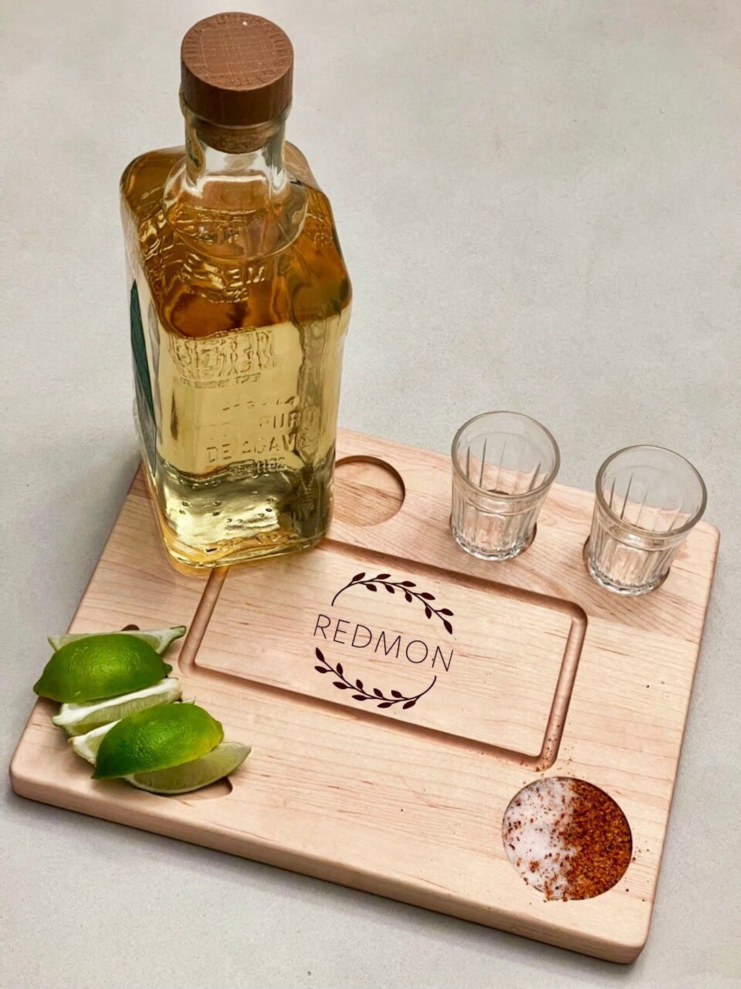 Personalized Tequila Shot Flight Board With Lime Wedge & Salt Holder