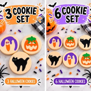 May include: A set of round Halloween cookies featuring icing designs of a ghost, a jack-o'-lantern, and a black cat. The image displays two options: a 3 cookie set and a 6 cookie set, with text labels indicating the quantity and Halloween theme.