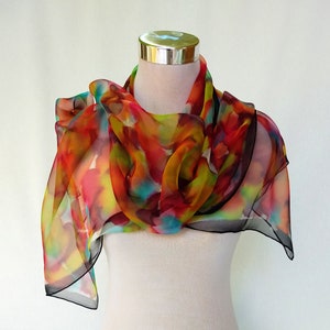 Vibrant Watercolor Silk Scarf – Hand-Painted Chiffon Wrap – Lightweight Artistic Shawl 180x45 cm