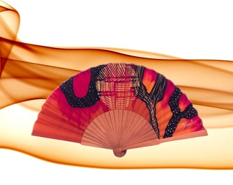 Handpainted Orange and Black Abstract Silk Fan - High Quality Gift for Her