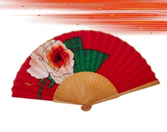Handgefertigter Falt-Fächer aus roter Seide: Spanisches Florales Accessoire