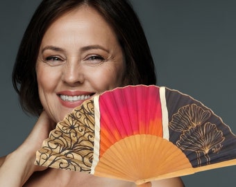 Elegant Black & Gold Ginkgo Biloba Silk Hand Painted Fan - Unique and Luxurious Statement Accessory