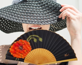 Handbemalter Seidenfaltfächer: Schwarz & Orange Mohnblume, elegantes Geschenk