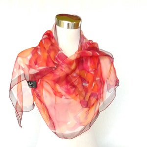 Fiery Sunset Silk Scarf – Hand-Painted Chiffon Wrap – Luxury Lightweight Shawl 180x45 cm