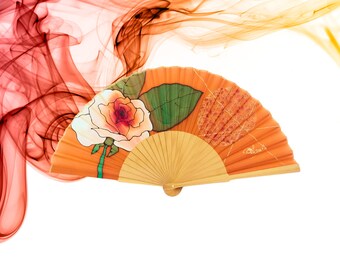 Elegant Orange and White Rose Hand Fan - Luxury Silk Foldable Fan for Weddings