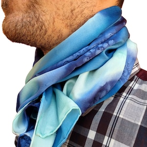 Blue Silk Scarf for Men – Hand Painted Satin Necktie 130x28 cm (51x11 in) – Elegant Artistic Accessory for Stylish Gentleman