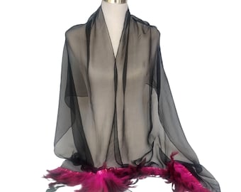 Black Silk Chiffon Shawl: Fuchsia Feather Trim, Elegant Wrap