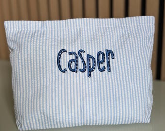 Personalised Kids Pinstripe Pouch – Custom Name Travel Bag – Blue Striped Childrens Bag