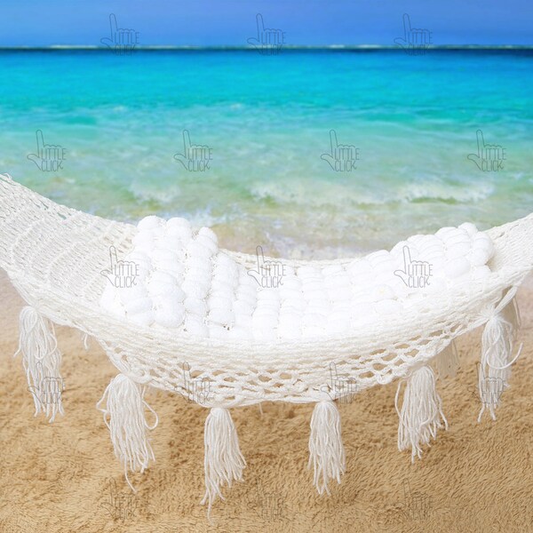 Sleeping in rope hammock on beach - Newborn baby digital backdrop prop, sea, natural, white sand