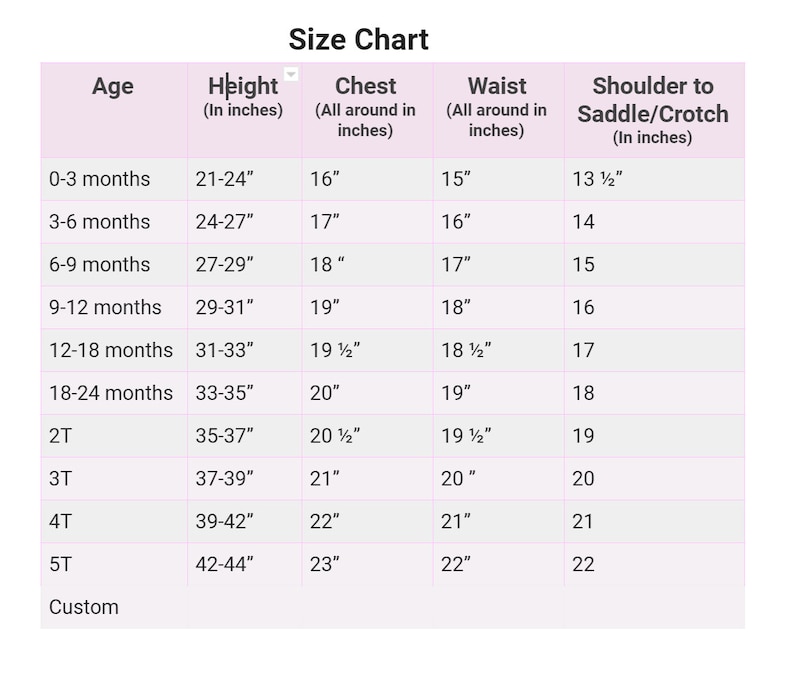 May include: A size chart for children's clothing, detailing measurements for age groups from 0-3 months to 5T. Includes height in inches, chest, waist, and shoulder to saddle/crotch measurements, all in inches. The chart also includes a custom size option.