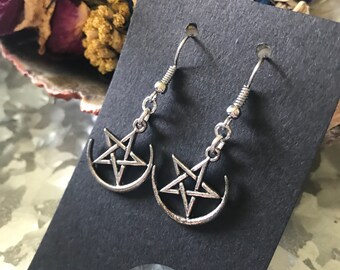 Witch Strega Star Earrings Purple Glass Handmade Earrings Wicca Pagan Bronze Pentacle Earrings Spirit Purple Glass Bronze Earrings