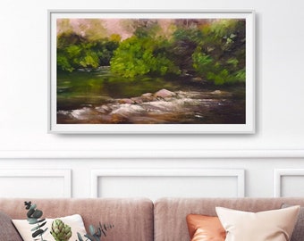 Pink earth tones canvas art, Forest river landscape, Willow trees, Large calming painting, Green and chocolate brown