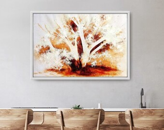 Ochre brown and white tree painting, Australian white gum, Earth tones nature art, Simple monochrome, Rustic country decor