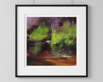 Weeping willows art print, Abstract river landscape, Dark earth tones, 4" Small square wall art