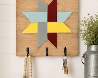 Rustic Barn Quilt Wood Sign, Farmhouse Wall Decor, Handmade Quilt Square, Wooden Quilt Art, Farmhouse Entryway Decor, Key Holder