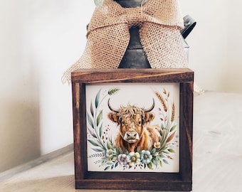 Letrero de madera de vaca de las Tierras Altas, decoración floral de vaca de granja, arte de pared rústico de vaca de las Tierras Altas, regalo para estante de granja campestre