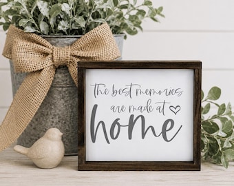 Letrero de madera "Los mejores recuerdos se crean en casa", decoración rústica para el hogar, cita familiar para estante, regalo de inauguración de casa