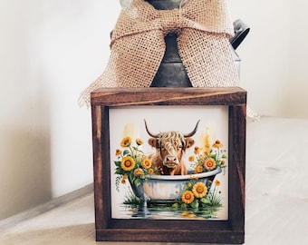 Letrero de madera para bañera con vaca de las Tierras Altas, decoración floral de vaca de granja, arte de pared rústico con vaca de las Tierras Altas, lindo adorno campestre para estante de baño