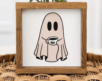 Ghost Drinking Coffee Wood Sign, Halloween Coffee Bar Decor, Cute Ghost Shelf Sitter, Spooky Coffee Sign, Rustic Farmhouse Fall Decor