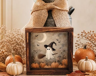 Letrero de madera de bruja fantasma, decoración vintage de fantasmas para Halloween, arte de pared de calabaza espeluznante, adorno rústico de granja para estante de Halloween
