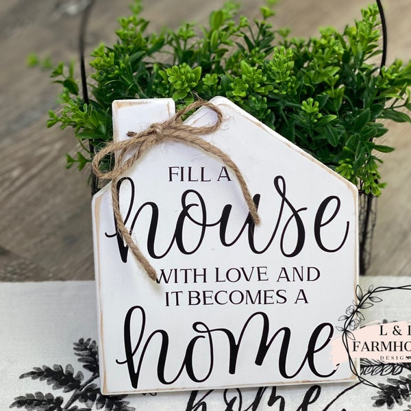 Wood House, Fill A House with Love, House Wood Sign, Tiered Tray, Shelf, Shelf Decor, House Decor, House Shaped Sign, House with Chimney