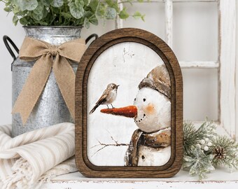 Letrero de lona con muñeco de nieve arqueado, decoración de pared de invierno con pájaros, estilo rústico navideño.