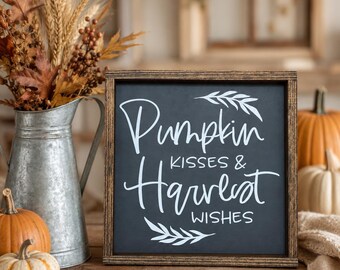 Pumpkin Kisses Harvest Wishes Framed Fall Sign, Farmhouse Decor, Autumn Wood Sign, Fall Decor, Autumn Decor