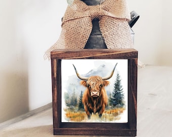 Letrero de madera de vaca de las Tierras Altas, decoración rústica de vaca de montaña, arte de pared de vaca de las Tierras Altas para granja, regalo para estante campestre