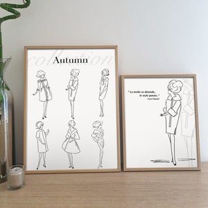 Peut inclure: Deux impressions encadrées avec des illustrations en noir et blanc de femmes portant différentes tenues. L'impression de gauche porte le mot "Automne" en haut au centre. L'impression de droite contient une citation de Coco Chanel : "La mode se démode, le style jamais."