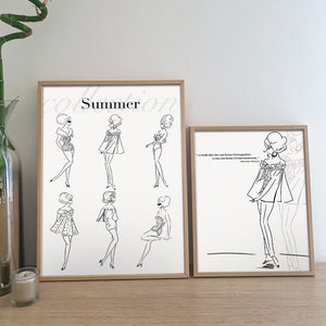 Peut inclure: Deux illustrations encadrées en noir et blanc de femmes en tenues d'été. Le cadre de gauche présente six femmes différentes dans diverses poses. Le cadre de droite présente une femme en robe avec une citation en français. La citation dit "La mode doit être une forme d'échappatoire, et non une forme d'emprisonnement."
